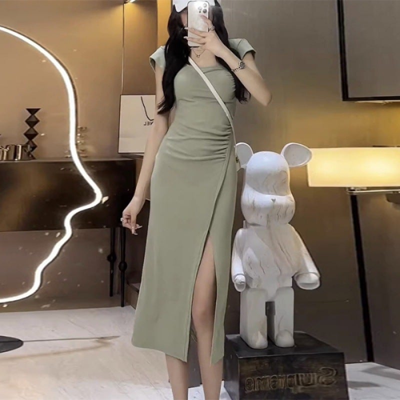 Square Neck Slit Black Tee Dress Summer 2023 Hao X647 Green