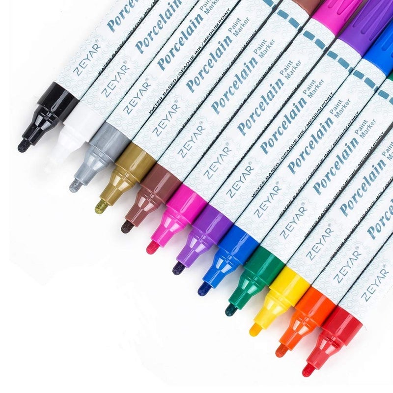 ZEYAR Acrylic Paint Pens for Porcelain Professional Ceramic painting 12 colors Waterbased Medium Point Water and Fade Resistant DIY on Mugs and other Ceramics for Permanent Collection