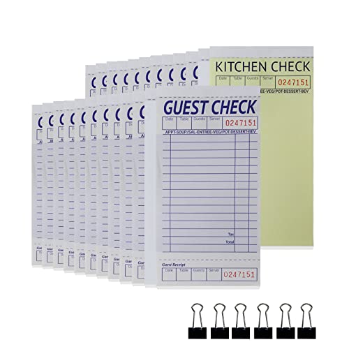 suituts [24 Books] Guest Checks Server Note Pads, 2-Part Carbonless Guest Check Pads Order Pads for Restaurants, Server, Waitress, 50 Sheets Per Server Pads Total 1200, Extra 6 Clips - Image 1