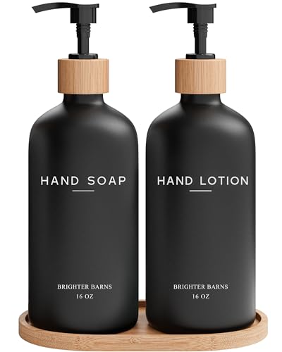 Black Glass Soap and Lotion Dispenser Set with Tray by Brighter Barns  Liquid Hand Soap Dispenser and Pump  Bamboo Bathroom Accessories  Modern Bathroom Decor Black