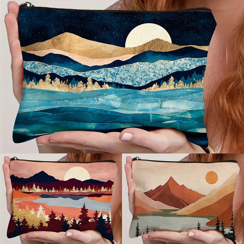 Bohemian Style 3 Zippered Travel Toiletry Pouch With Turkish Lake Mountain Design - Image 1