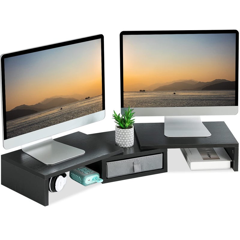 TEAMIX Dual Monitor Stand Riser with Drawer  Length and Angle Adjustable Double Monitor Riser Corner Desk Shelf Organizer 37 inch Long Monitor Riser for 2 MonitorsLaptopPCScreenTV