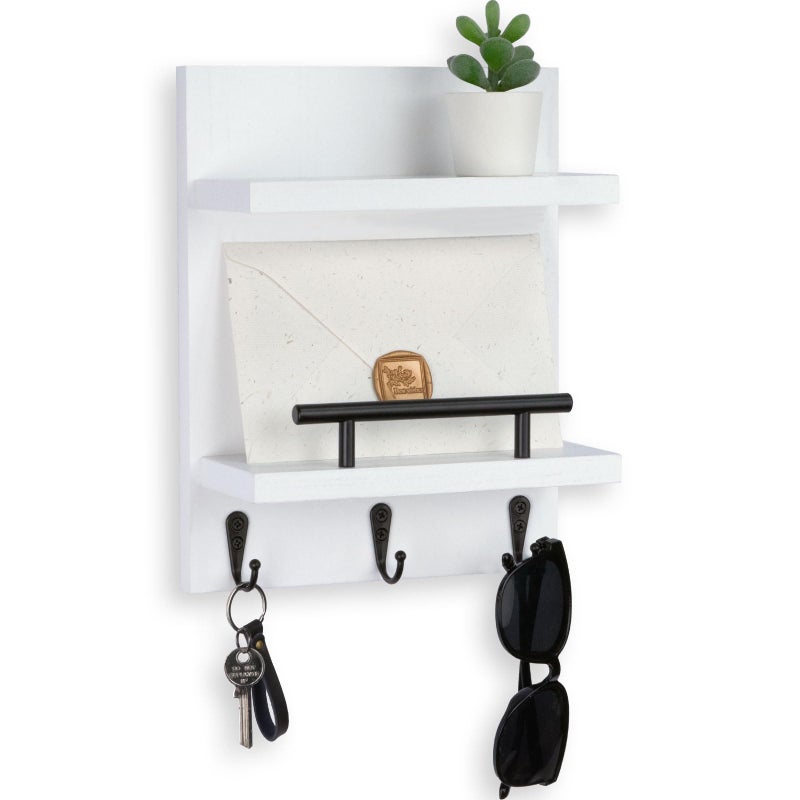 Lucundm Key Holder Wall Mount, Mail Shelf Decor with 3 Key Hooks, Versatile Wood Wall Organizer for Entryway Hallway (8.2â€ x 10.6â€x 3.6â€) (White) - Image 1