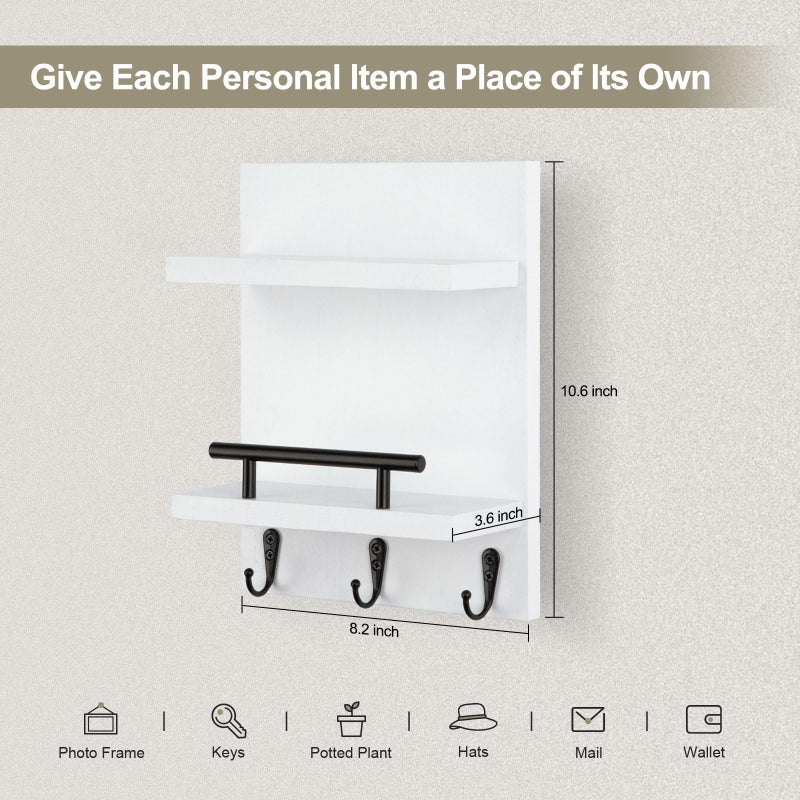 Lucundm Key Holder Wall Mount, Mail Shelf Decor with 3 Key Hooks, Versatile Wood Wall Organizer for Entryway Hallway (8.2â€ x 10.6â€x 3.6â€) (White) - Image 2