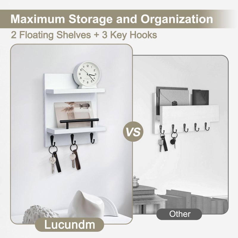Lucundm Key Holder Wall Mount, Mail Shelf Decor with 3 Key Hooks, Versatile Wood Wall Organizer for Entryway Hallway (8.2â€ x 10.6â€x 3.6â€) (White) - Image 4
