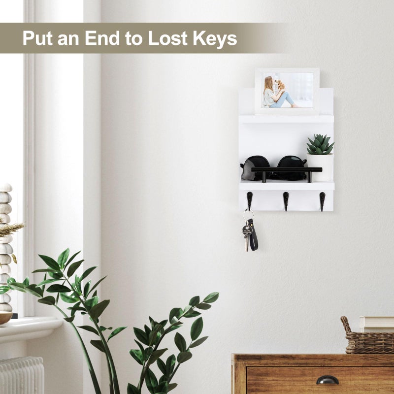 Lucundm Key Holder Wall Mount, Mail Shelf Decor with 3 Key Hooks, Versatile Wood Wall Organizer for Entryway Hallway (8.2â€ x 10.6â€x 3.6â€) (White) - Image 5