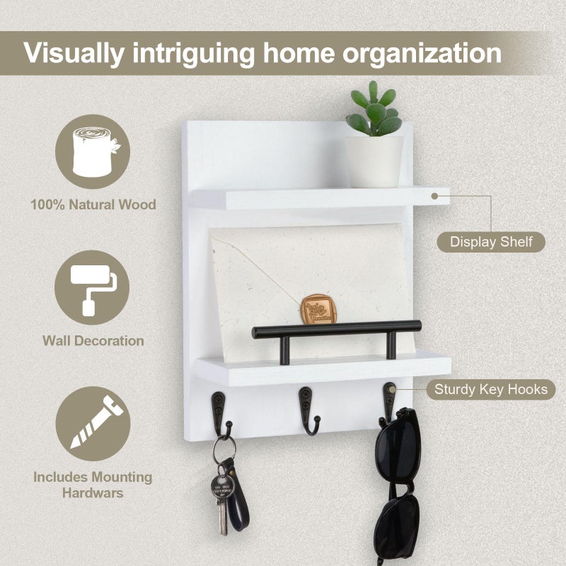 Lucundm Key Holder Wall Mount, Mail Shelf Decor with 3 Key Hooks, Versatile Wood Wall Organizer for Entryway Hallway (8.2â€ x 10.6â€x 3.6â€) (White) - Image 3