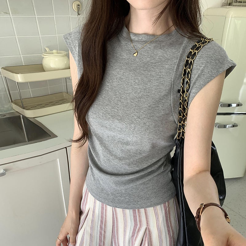 Real S Figure Waistband Split Design Sense Tight Waist Pleated Slim Sleeveless T-Shirt Women'S Summer Short Style - Image 4