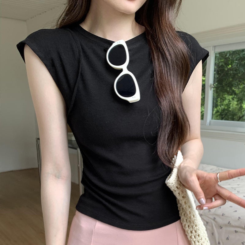 Real S Figure Waistband Split Design Sense Tight Waist Pleated Slim Sleeveless T-Shirt Women'S Summer Short Style - Image 3