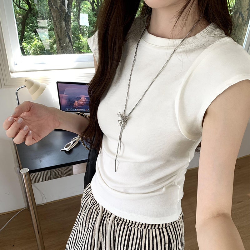 Real S Figure Waistband Split Design Sense Tight Waist Pleated Slim Sleeveless T-Shirt Women'S Summer Short Style - Image 1