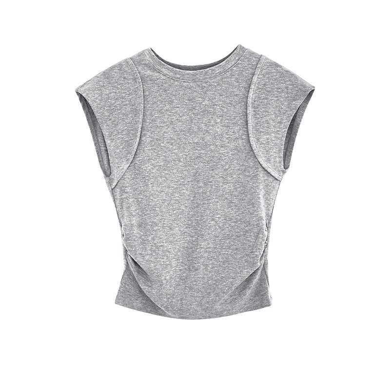 Real S Figure Waistband Split Design Sense Tight Waist Pleated Slim Sleeveless T-Shirt Women'S Summer Short Style - Image 5
