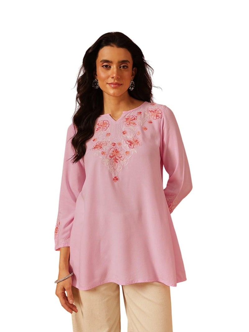QAZMI Women's Kashmiri A-Line Light Pink Kurti_XS - Image 1