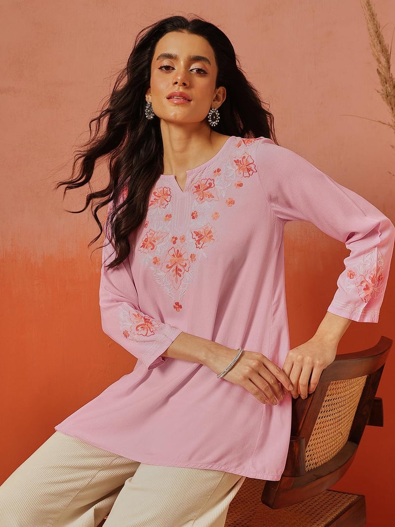 QAZMI Women's Kashmiri A-Line Light Pink Kurti_XS - Image 2