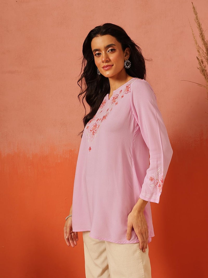 QAZMI Women's Kashmiri A-Line Light Pink Kurti_XS - Image 4