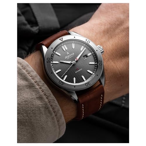Alpina Men's Alpiner Swiss Automatic 3-Hand Stainless Steel Case with Brown Leather Strap Watch, Bi-Directional Bezel, Sunray Line Grey Dial (Model: AL-525G5AQ6) - Image 4