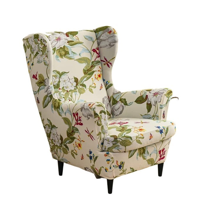 WINGBACK CHAIR COVERS 2PIECE STRETCH WING CHAIR COVER FOR ARMCHAIR SPRING FLORAL SOFT SPANDEX SOFA SLIPCOVER WASHABLE LIVING ROOM BEDROOM HOTEL FURNITURE PROTECTOR