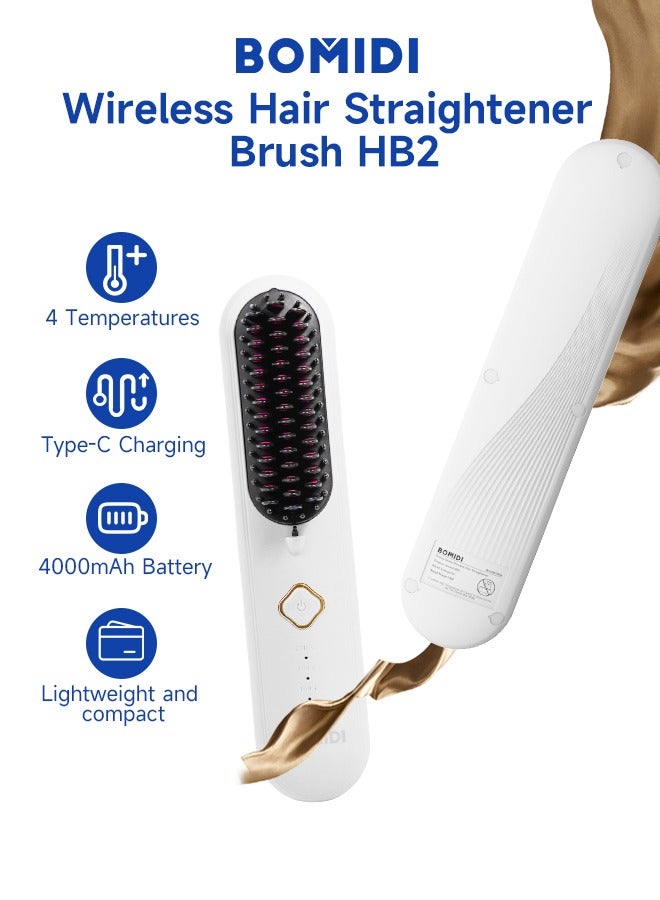 BOMIDI Wireless Hair Straightener Brush 4 Temperatures Adjustable 140-200℃ Portable Negative ion Hair Straightener Comb Type-C Charging 4000mAh Battery for Travel HB2-White - Image 2
