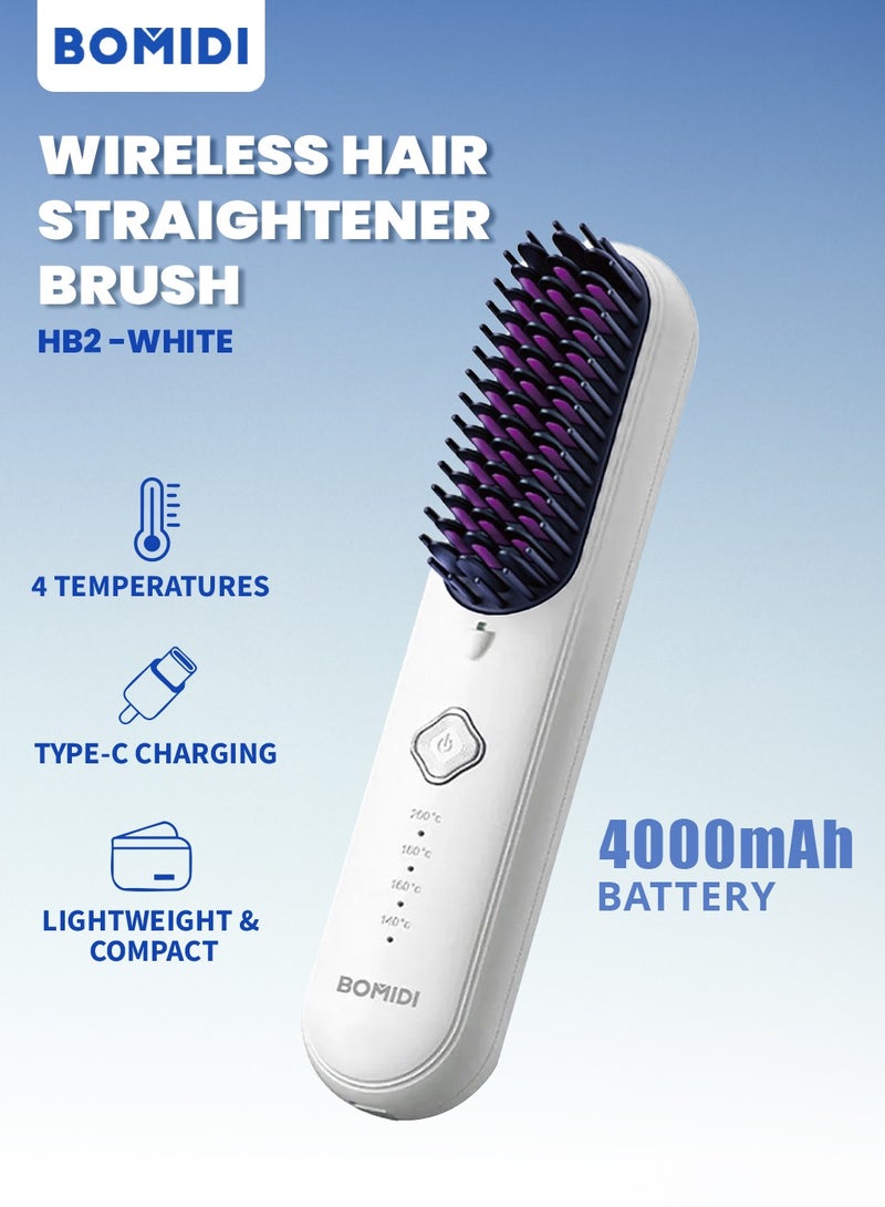 BOMIDI Wireless Hair Straightener Brush 4 Temperatures Adjustable 140-200℃ Portable Negative ion Hair Straightener Comb Type-C Charging 4000mAh Battery for Travel HB2-White - Image 1