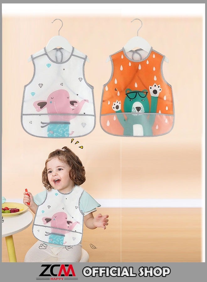 ZCM-HAPPY 2-Piece Animal Printed Waterproof Crumb Catcher Pocket Bib Set – Adjustable Neckband Baby Bibs – Cute and Functional Waterproof Bibs for Mess-Free Feeding – Perfect Baby Feeding Accessories