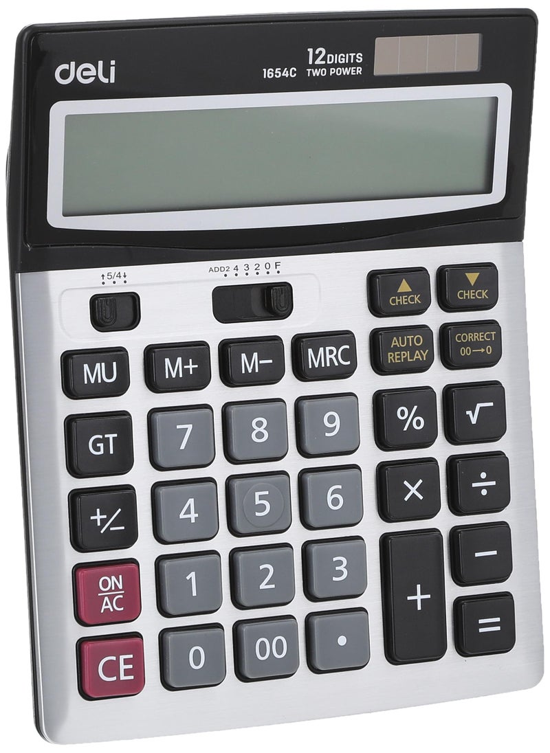 deli Desktop Calculator - Metal-12 digits, 112 steps check - Silver - Dual power (AA) - E1654C