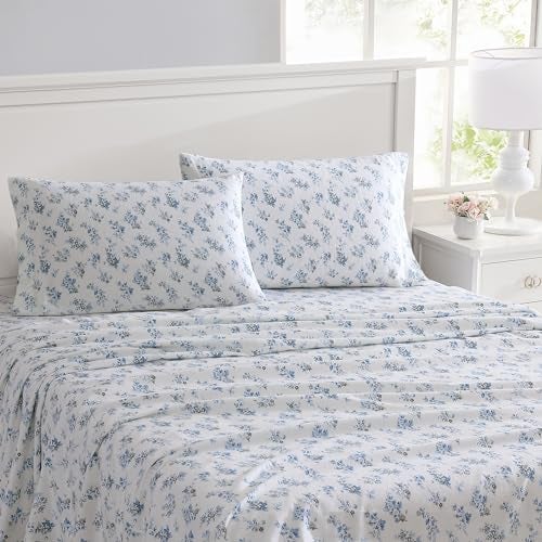 Laura Ashley Full Sheet Set Cotton Flannel Bedding Brushed for Extra Softness Comfort Audrey Blue Full - Image 3