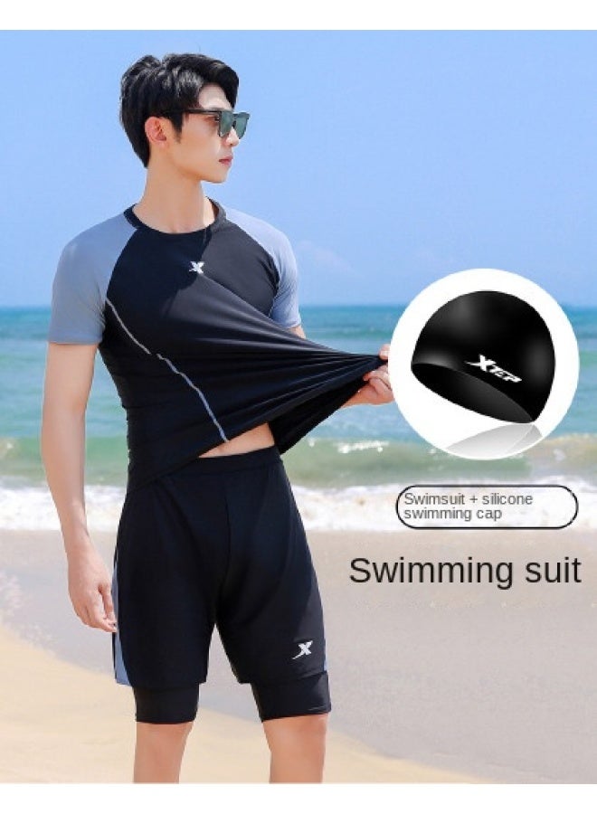 XTEP Men's Swimming Suit And Cap Set, Separated Anti-embarrassment Large Size Double-layer Swim Trunks, Versatile Breathable Sports Training Swimwear - Image 1