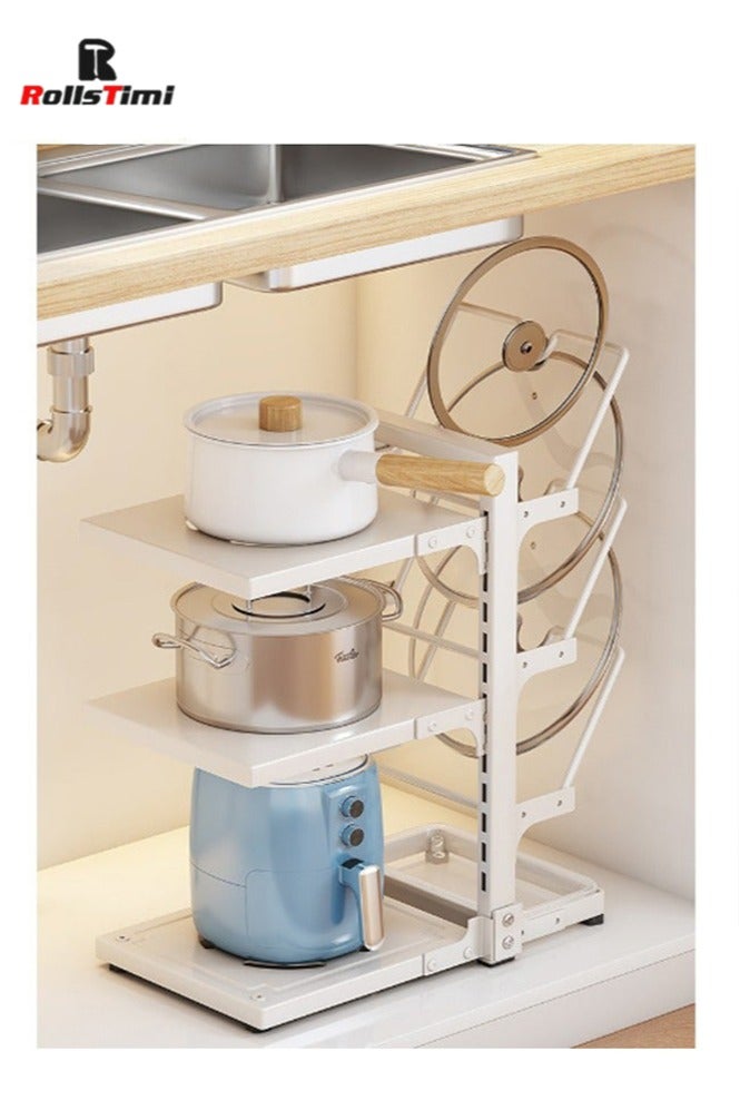 RollsTimi  Adjustable Pan Organizer Rack, Multifunctional Standing Pot Rack for Cabinet, Pot Lid Holders, Carbon Steel Cast Iron Pot Rack for Kitchen Organization Storage 3Layers - Image 1