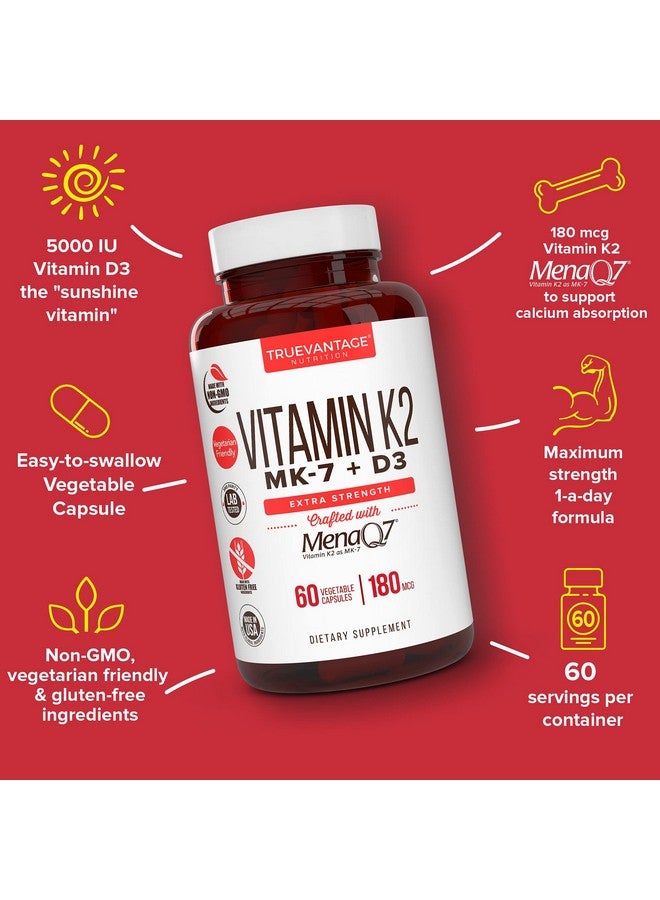 Truevantage Nutrition Vitamin K2 D3 Supplement 5000 IU D3 and 180 mcg Vitamin k2 MK7 Supplement for Healthy Bones, Healthy Heart & Cardiovascular Health-60 Easy to Swallow Vegetable caps of MenaQ7 K2 MK7 - Image 2