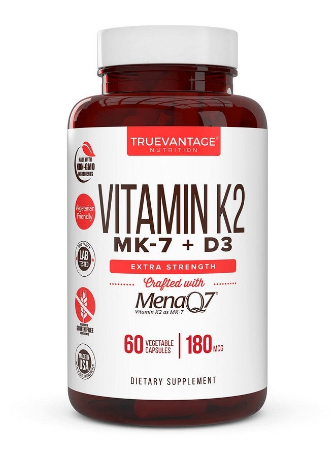 Truevantage Nutrition Vitamin K2 D3 Supplement 5000 IU D3 and 180 mcg Vitamin k2 MK7 Supplement for Healthy Bones, Healthy Heart & Cardiovascular Health-60 Easy to Swallow Vegetable caps of MenaQ7 K2 MK7 - Image 1