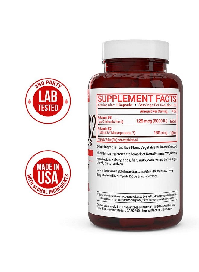Truevantage Nutrition Vitamin K2 D3 Supplement 5000 IU D3 and 180 mcg Vitamin k2 MK7 Supplement for Healthy Bones, Healthy Heart & Cardiovascular Health-60 Easy to Swallow Vegetable caps of MenaQ7 K2 MK7 - Image 3