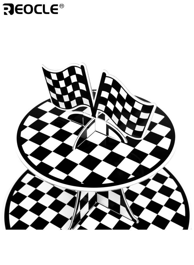 REOCLE 2PCS 3 Tier Racing Car Theme Cardboard Cupcake Holder Checkered Cupcake Stand for 8 to 12 Cupcakes Suitable for Racing Car Birthday Party Supplies for Kids Boys Girls - Image 2