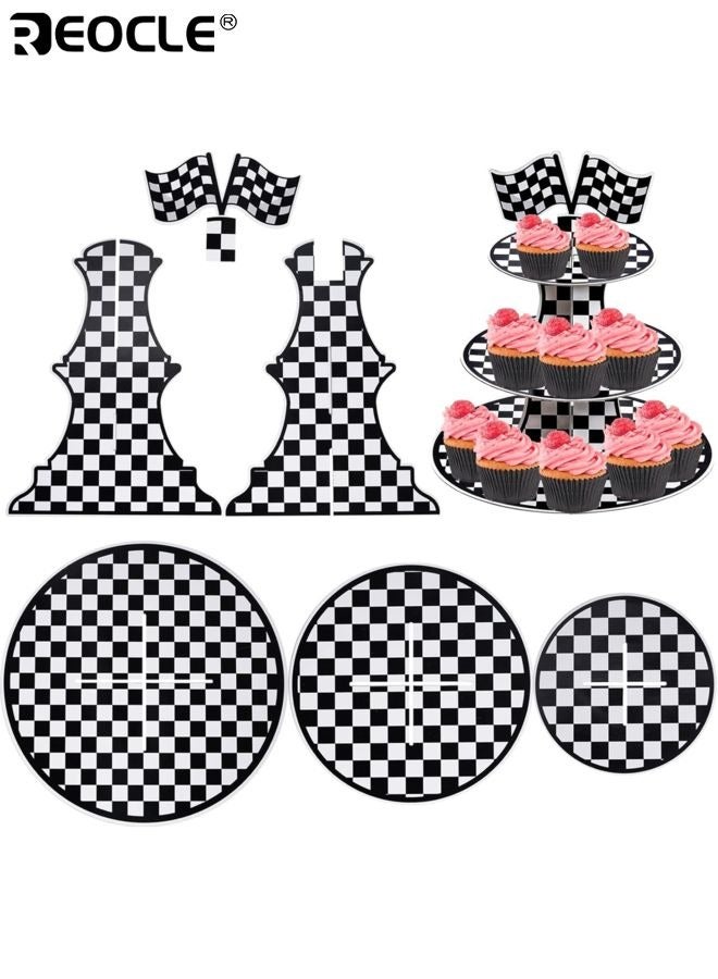 REOCLE 2PCS 3 Tier Racing Car Theme Cardboard Cupcake Holder Checkered Cupcake Stand for 8 to 12 Cupcakes Suitable for Racing Car Birthday Party Supplies for Kids Boys Girls - Image 3