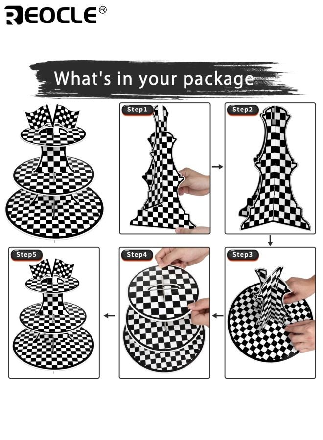 REOCLE 2PCS 3 Tier Racing Car Theme Cardboard Cupcake Holder Checkered Cupcake Stand for 8 to 12 Cupcakes Suitable for Racing Car Birthday Party Supplies for Kids Boys Girls - Image 5