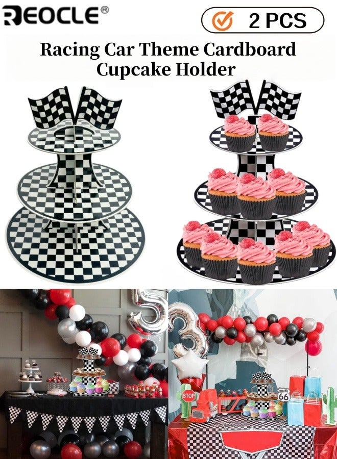 REOCLE 2PCS 3 Tier Racing Car Theme Cardboard Cupcake Holder Checkered Cupcake Stand for 8 to 12 Cupcakes Suitable for Racing Car Birthday Party Supplies for Kids Boys Girls - Image 1