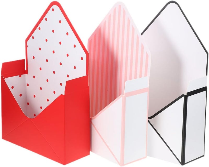 PERSELOSO 3pcs Flower Envelope Boxes Set, Paper Flower Wrapping Boxes with Red Polka Dot, Black White Dot, and Pink Stripe Designs, Foldable Bouquet Storage for Florists and Wrapping - Image 1