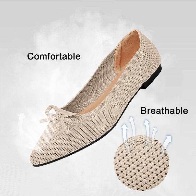 TINGRISE Women's Flats Pointed Toe Bow Knit Ballet Shoes Comfortable Dressy Mesh Slip On Flat Begie US10 Beige - Image 4