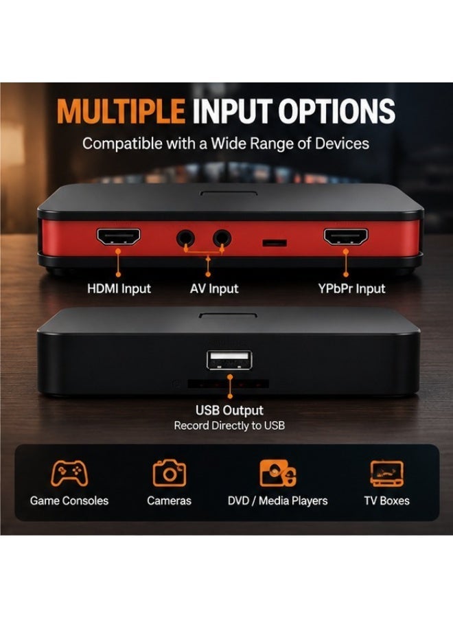 1080P HD video capture device with HDMI, AV, and YPbPr inputs, USB live recording, one-button operation, and portable design. - Image 1