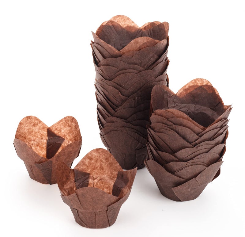 Golden Apple GOLDEN APPLE 100 Pcs Tulip Cupcake Liner Lotus Parchment Baking Cup Muffin Tins Cups for Weddings Birthdays Baby Showers Brown 