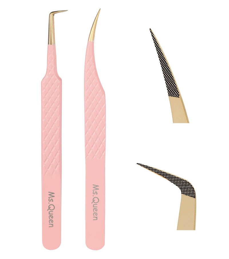 MsQueen Lash Tweezers for Eyelash ExtensionsPrecision 2Pcs Fiber Tip Grip 90 Degree Volume and Dolphin Isolation Lashing Tweezers Set