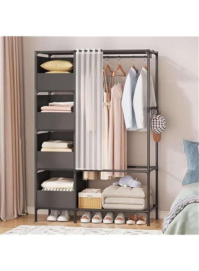 هوكور Durku Clothing Storage Cabinet with Curtain, Portable Wardrobe Storage Closet with 4 Hooks and Top 1 Crossbars, Coat Rack Freestanding with Shelves, for Living Room, Bedroom, Clothes Room (Black) - Image 1