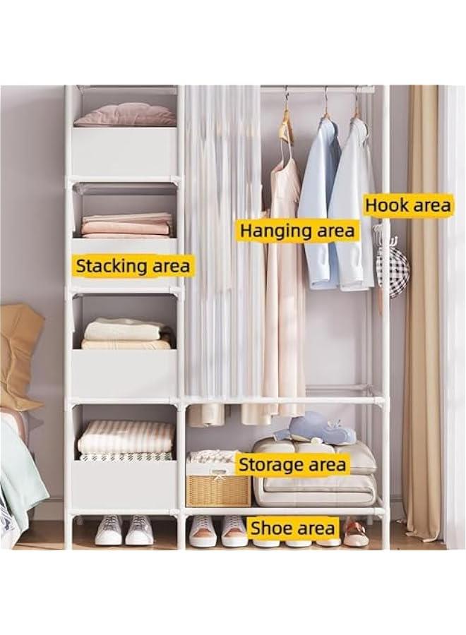 هوكور Durku Clothing Storage Cabinet with Curtain, Portable Wardrobe Storage Closet with 4 Hooks and Top 1 Crossbars, Coat Rack Freestanding with Shelves, for Living Room, Bedroom, Clothes Room (Black) - Image 3