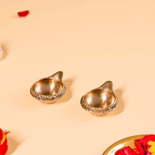DecorTwist® Brass Diya for Puja Room Oil Lamp Kuber Diya in Gold Antique Finished Pooja Decoration Item for Home and Office Decor Brass Deepak for Pooja Diwali, Navratri Diya Gift Item Set of 2 - Image 2