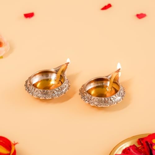 DecorTwist® Brass Diya for Puja Room Oil Lamp Kuber Diya in Gold Antique Finished Pooja Decoration Item for Home and Office Decor Brass Deepak for Pooja Diwali, Navratri Diya Gift Item Set of 2 - Image 1