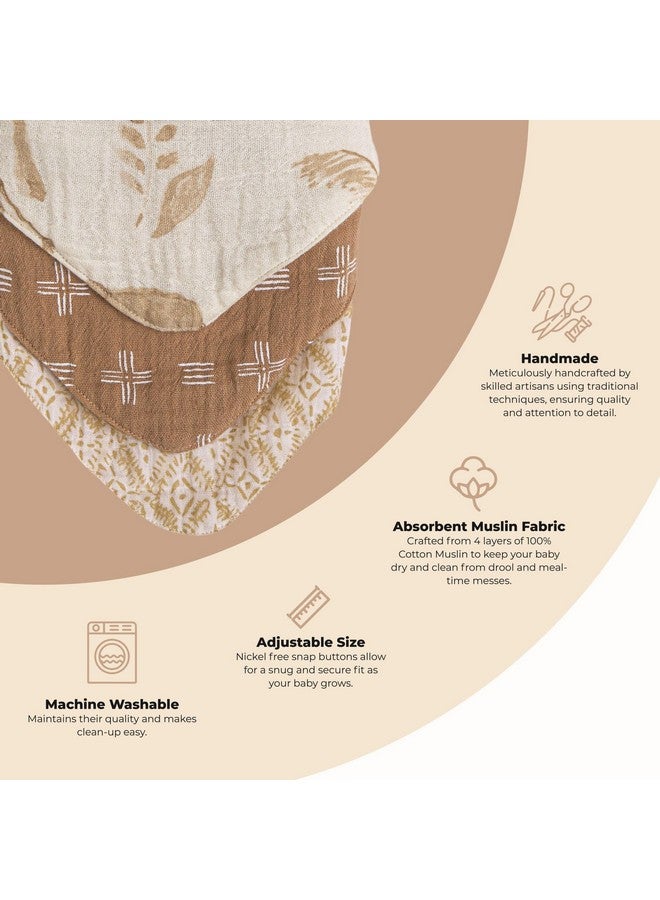 كرين بيبي طقم مريلة كرين بيبي الناعمة القابلة للتعديل من 4 طبقات من قماش الموسلين للأولاد والبنات، ماصة 100% قطن، مطبوعات سفاري، عبوة من 3 قطع، بيج، حضانة حيوانات سفاري - Image 1