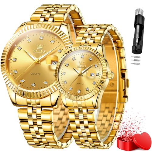 OLEVS Wedding Couple Watches Men and Women Gift Set Luminous Calendar Business Dress Luxury Gold His and Hers Wristwatch Waterproof Matching Watches Couples Lovers Romantic Wrist Watch - Image 1