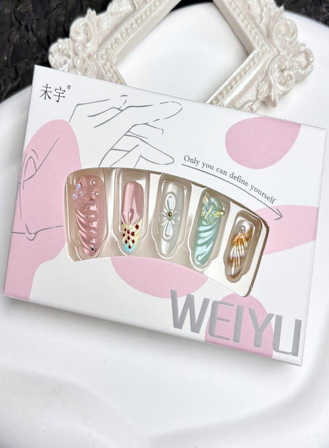 NSSHEL Flower Press on Nails Almond Fake Nails Medium Glue on Nails Flowers Pearl & Butterfly Acrylic Nails Designs Cats Eyes Press on Nails Full Cover French False Nails for Women Nails DIY 30 Pcs - Image 4