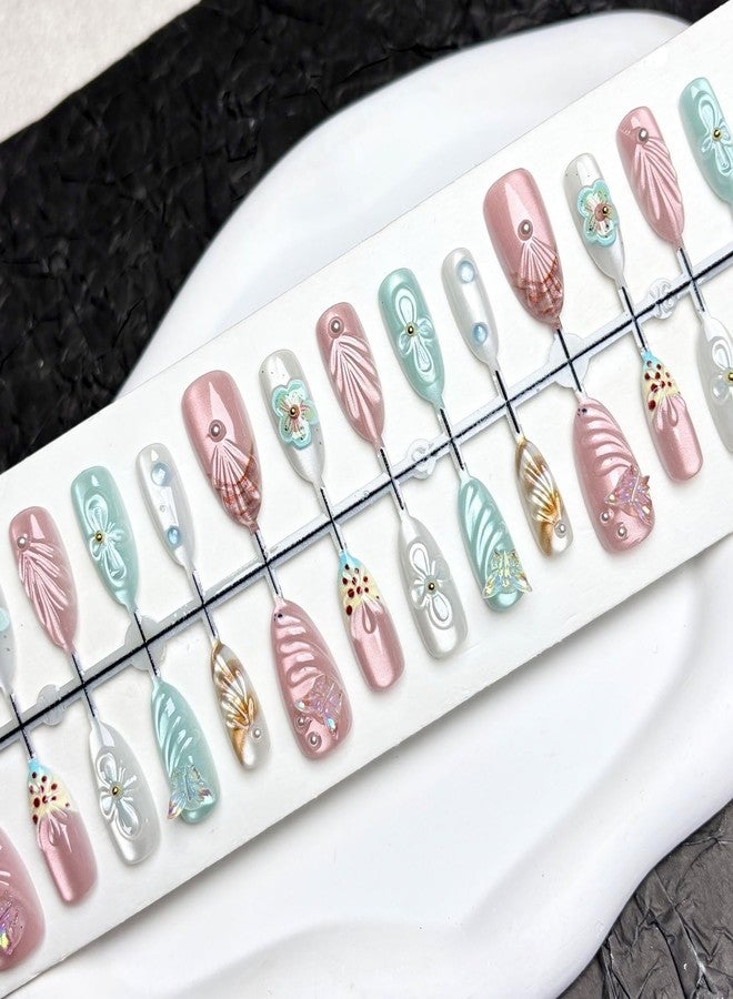 NSSHEL Flower Press on Nails Almond Fake Nails Medium Glue on Nails Flowers Pearl & Butterfly Acrylic Nails Designs Cats Eyes Press on Nails Full Cover French False Nails for Women Nails DIY 30 Pcs - Image 2