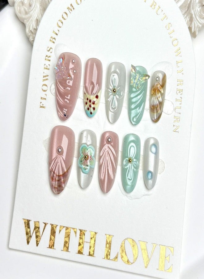 NSSHEL Flower Press on Nails Almond Fake Nails Medium Glue on Nails Flowers Pearl & Butterfly Acrylic Nails Designs Cats Eyes Press on Nails Full Cover French False Nails for Women Nails DIY 30 Pcs - Image 3