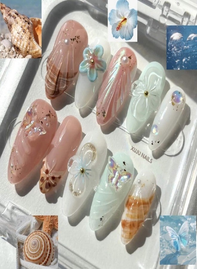 NSSHEL Flower Press on Nails Almond Fake Nails Medium Glue on Nails Flowers Pearl & Butterfly Acrylic Nails Designs Cats Eyes Press on Nails Full Cover French False Nails for Women Nails DIY 30 Pcs - Image 5