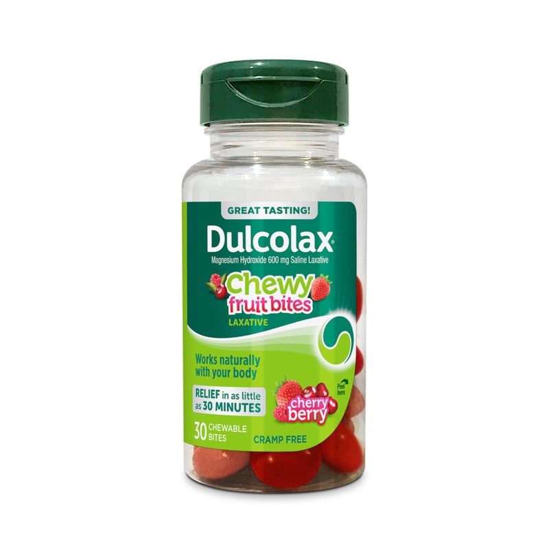 Dulcolax Saline Laxative Chewy Fruit Bites, Fast-Acting Laxative & Gentle Constipation Relief, Cherry Berry Flavor, Magnesium Hydroxide 600 mg, 30 Count - Image 1